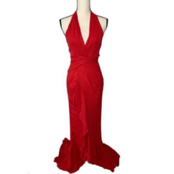 Vintage Red Halter Plunged Neckline Gown with Elegant Ruffle Detail - Picture 2 of 12